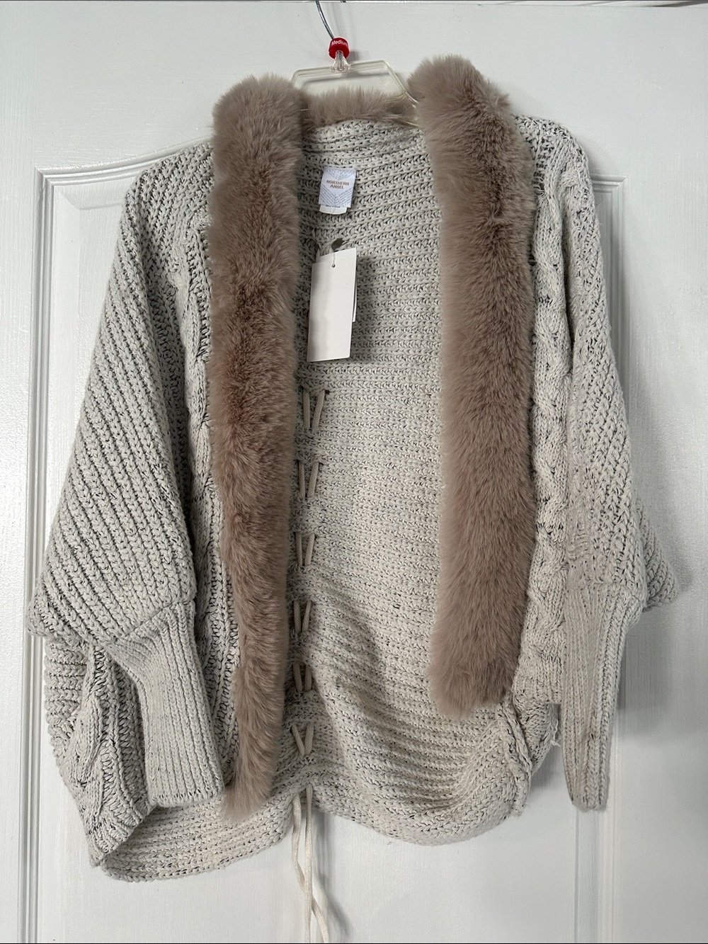 Cable Knit Shrug with Faux Fur Trim - Cream